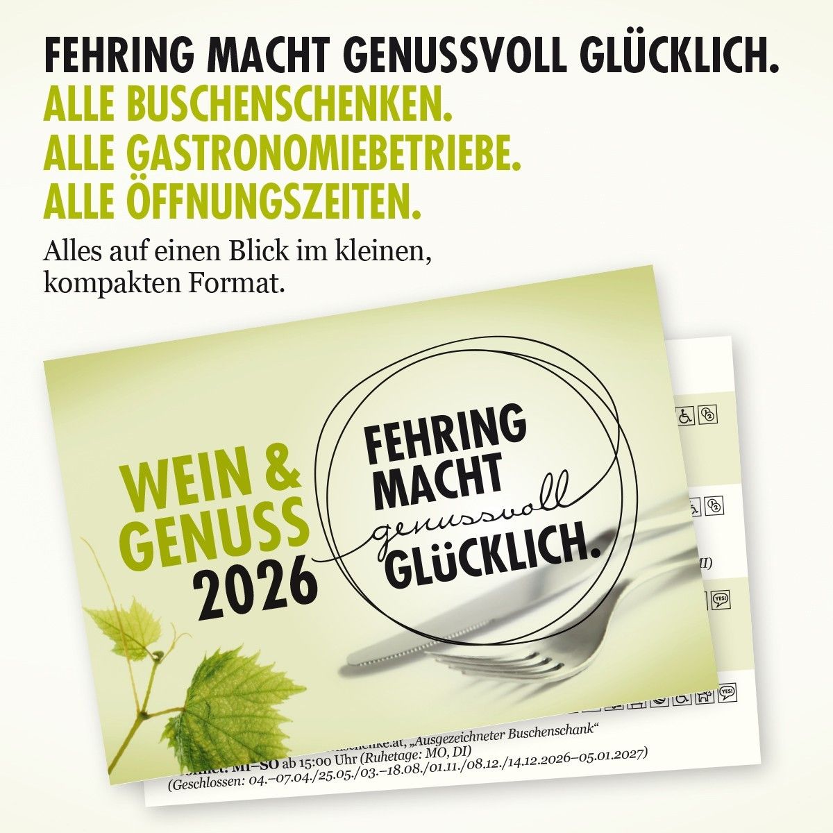 Das Bild ist ein Plakat für die 'Wein & Genuss'-Veranstaltung im Jahr 2026 und hebt alle Wein- und Gastronomiebetriebe hervor. Es zeigt eine Gabel und ein Messer mit einem Traubenblatt, was das Thema betont.