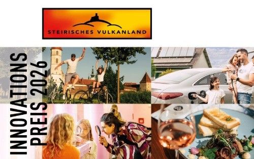 Eine Collage von Bildern aus dem Steirischen Vulkanland. Menschen beim Radfahren, eine Familie, ein Auto, Essen und Wein. Oben steht 'Steirisches Vulkanland'. Unten steht 'Innovationspreis 2026'.