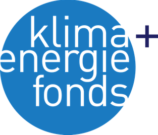 Blaues kreisförmiges Logo mit weissem Pluszeichen und Text 'klima energie fonds' darin.