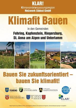 Plakat über klimafreundliches Bauen in verschiedenen Gemeinden. Es hebt nachhaltige Baupraktiken hervor.