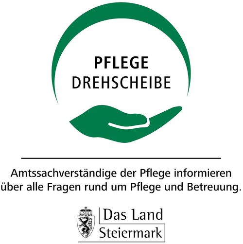 Logo der Pflege Drehscheibe in Grün und Weiß mit einem Handsymbol. Es informiert über Pflege und Betreuung. Das Land Steiermark ist beteiligt.