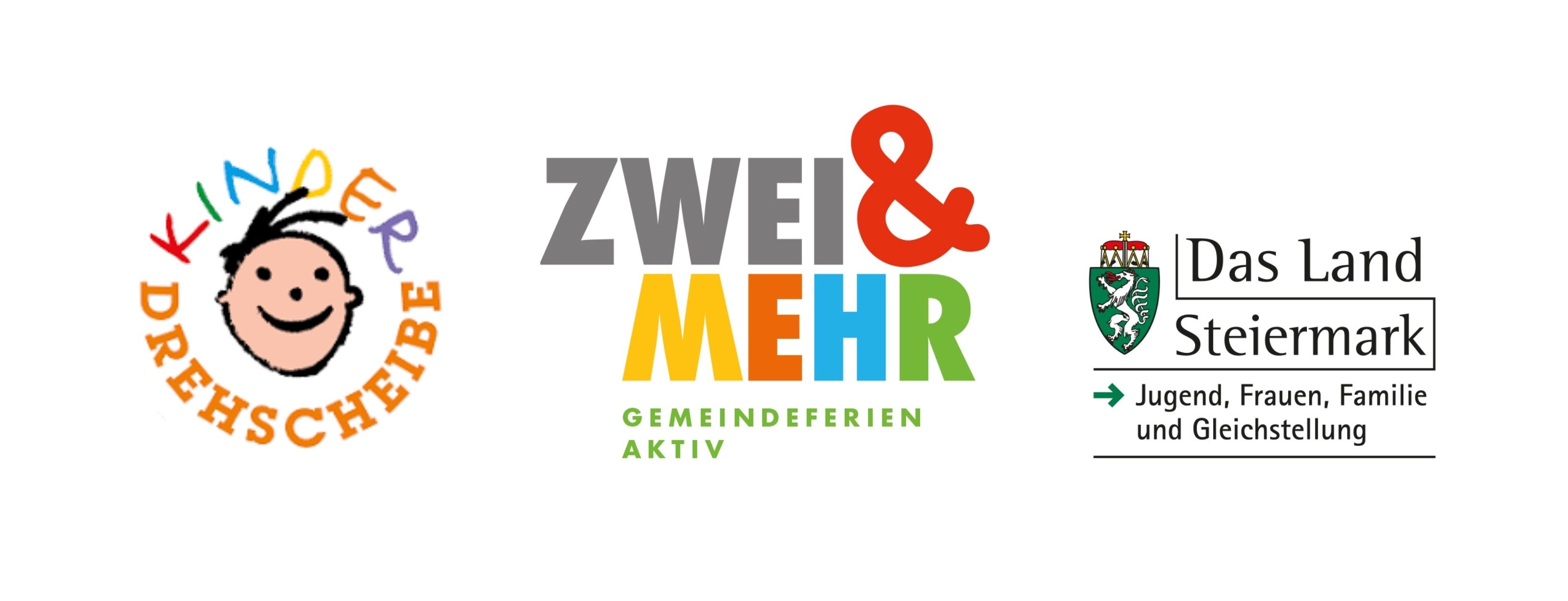 Logo für 'Zwei & Mehr Gemeindeferien Aktiv'. Der Text 'Zwei & Mehr' ist in mehrfarbigen Buchstaben, wobei 'Zwei' grau und 'Mehr' in Regenbogenfarben ist. Unten stehen 'GEMEINDEFERIEN' und 'AKTIV' in Grün.