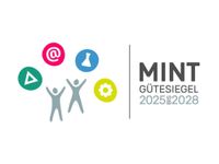 Ein Werbegrafik für MINT Gutesiege 2025, mit Symbolen einer Zahnrad, eines Reagenzglases und eines At-Zeichens, mit zwei Figuren, die ihre Arme zum Jubeln heben.