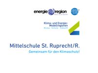 Ein Werbebanner für die Mittelschule St. Rupert/R. in Zusammenarbeit mit Klima- und Energie-Modellregionen, mit Logos und einem Slogan für den Klimaschutz.