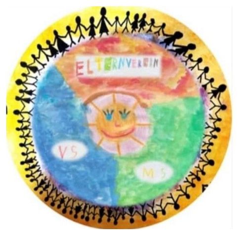 Ein farbenfrohes kreisförmiges Kunstwerk mit 'Elternverein' in Weiß oben geschrieben. Das Design enthält eine Sonne, einen blau-grünen Farbverlauf und einen Rand aus Stockfiguren, die Händchen halten. Die Wörter 'VS' und 'MS' sind ebenfalls vorhanden.