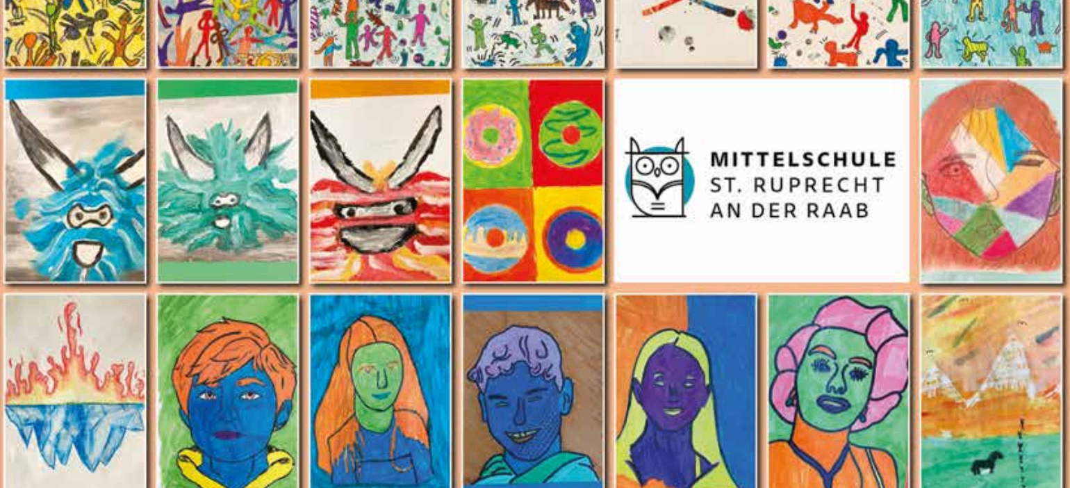 Eine Sammlung von farbenfrohen Zeichnungen von Kindern. Verschiedene Stile und Themen sind abgebildet, einschließlich Gesichter, Tiere und abstrakte Formen. Die Collage enthält ein Logo für Mittel St. Ruf, eine Bildungseinrichtung.