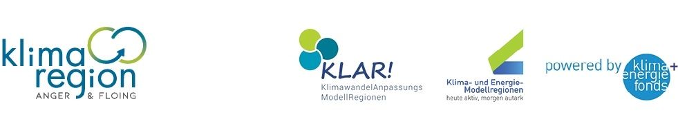 Drei Logos auf weißem Hintergrund. Linkes Logo: Grüner Kreis mit Text 'gion & FLOING'. Mittleres Logo: Blauer und grüner Kreis mit Text 'KLAR!' und 'KlimawandelAnpassungs ModellRegionen'. Rechtes Logo: Blauer und grüner Buchstabe P mit Text 'powered by Klima- und Energie- Modellregionen, heute aktiv, morgen autak'.
