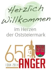 Ein Werbeplakat für das 650-jährige Jubiläum von Anger, Steiermark, mit einem grünen Herz und einladendem Text in weiß. Das Bild zeigt den Zeitraum 1364-2014 und ein Wappen.