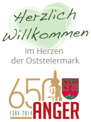 Ein Werbeplakat für das 650-jährige Jubiläum von Anger, Steiermark, mit einem grünen Herz und einladendem Text in weiß. Das Bild zeigt den Zeitraum 1364-2014 und ein Wappen.