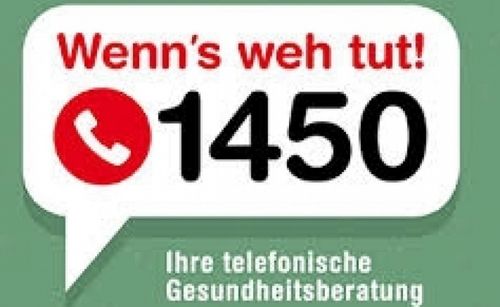 Bild mit grünem Hintergrund. Es hat eine Sprechblase und zeigt den Text 'Wenn's weh tut!' über der Nummer '1450'. Die Sprechblase enthält ein rotes Telefonsymbol. Unter der Sprechblase befindet sich Text auf Deutsch, der übersetzt 'Ihre telefonische Gesundheitsberatung' lautet.