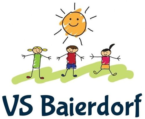 Drei Kinder gehen zusammen unter einer strahlenden Sonne. Unten steht der Text 'VS Baierdorf'. Es scheint sich um ein Logo zu handeln.