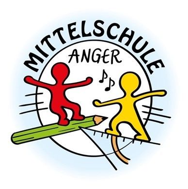 Illustration von zwei Strichmännchen, die auf einem Bleistift balancieren, vor weißem Hintergrund mit den Worten 'Mittelschule Anger' und Musiknoten darüber.