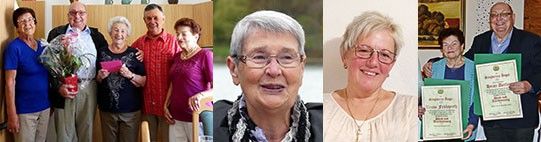 Ein Collage von älteren Menschen, die lächelnd für die Kamera posieren. Eine Frau hält einen Blumenstrauß und zwei Zertifikate.