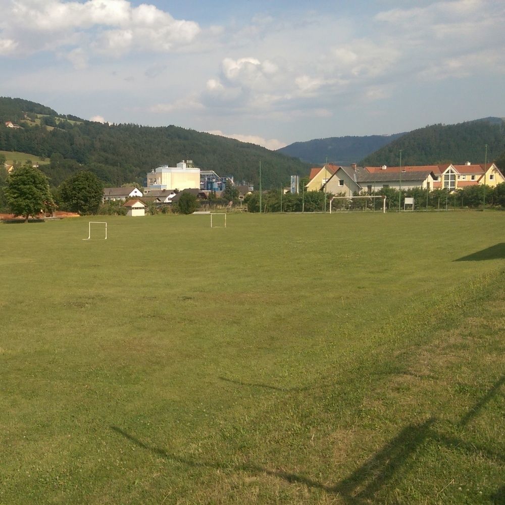 Ein großes offenes Feld mit zwei Fußballtoren, umgeben von Bäumen und Häusern. Berge und ein bewölkter Himmel in der Ferne.