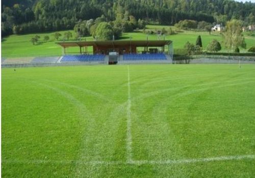 Ein grasbewachsenes Sportfeld mit blauen Tribünen, leer und umgeben von Bäumen und Hügeln im Hintergrund.