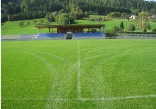Ein grasbewachsenes Sportfeld mit blauen Tribünen, leer und umgeben von Bäumen und Hügeln im Hintergrund.