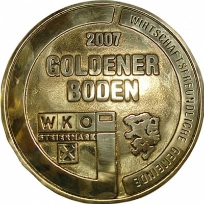 Eine goldene Medaille aus dem Jahr 2007 mit dem Namen Goldener Boden, mit einem Baumlogo, WKO und Steiermark-Logo und Text.