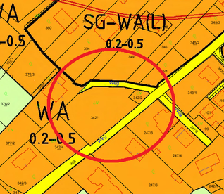 Eine Karte mit einem rot umkreisten Bereich, beschriftet mit 'WA 0.2-0.5'. Die Karte zeigt verschiedene Zahlen und Buchstaben in verschiedenen Farben, und der Bereich ist von mehreren Zahlen umgeben.
