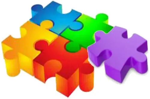 Ein farbenfrohes Puzzle mit sechs Teilen in verschiedenen Farben auf weißem Hintergrund. Teile umfassen Blau, Gelb, Grün, Rot und Lila.