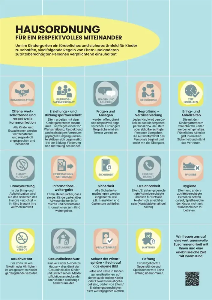 Infografik, die die Verantwortlichkeiten von Eltern und Betreuern gegenüber Kindern in einer Kindertagesstätte zeigt. Es behandelt Kommunikation, Erziehung und Sicherheit, Aufzucht, Hygiene, richtige Nutzung, Information und Privatsphäre sowie Bindung. Jeder Abschnitt enthält spezifische Richtlinien für respektvolles und aufmerksames Verhalten gegenüber Kindern.