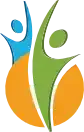 Ein abstraktes Bild zeigt eine blaue Figur links und eine grüne Figur rechts, beide in einem gelben und orangefarbenen Kreis vor einem schwarz-weiß karierten Hintergrund.