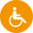 Ein gelber Kreis mit einem weißen Rollstuhlsymbol darin, das auf Barrierefreiheit oder Einrichtungen für Menschen mit Behinderung hinweist.