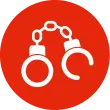 Ein Paar Handschellen, die durch eine Kette verbunden sind, in einem roten Kreis.
