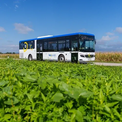 Ein weißer und blauer Bus mit dem Logo 'leo poldi' fährt auf einer Straße mit grünen Feldern auf beiden Seiten.