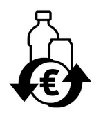 Eine schwarz-weiße Illustration einer Flasche, einer Dose und eines Recycling-Symbols mit einem Euro-Zeichen in der Mitte.