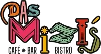 Das lebhafte Logo für 'Pas Mizi', bestehend aus einer bunten Mischung von Buchstaben und einem stilisierten 'J', vor schwarzem Hintergrund. Es enthält die Wörter 'Café', 'Bar' und 'Bistro'.