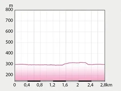 Die Grafik zeigt Höhenänderungen über eine Entfernung von 2,8 km. Die Höhe bleibt relativ konstant, mit leichten Schwankungen um 300 Meter.
