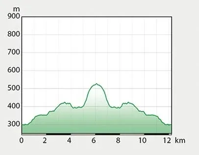 Die Grafik zeigt eine Liniengrafik mit Höhe auf der y-Achse und Entfernung in Kilometern auf der x-Achse. Die Linie schwankt zwischen 300 m und 800 m mit Spitzen und Tälern.