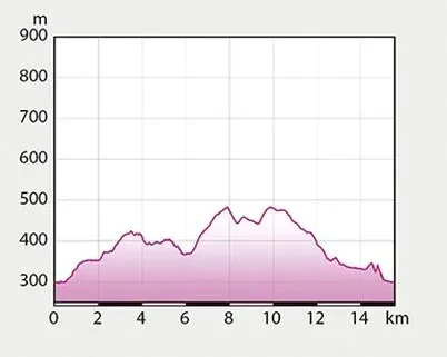 Das Diagramm zeigt Höhenänderungen über eine Entfernung von 14 km, beginnend bei 300m und mit einem Höchstwert von 800m. Die Höhe schwankt während der gesamten Distanz.