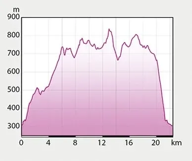 Das Diagramm zeigt die Höhe über Kilometern. Die Höhe reicht von 300m bis 800m. Der Graph erreicht seinen höchsten Punkt bei 12 Kilometern.