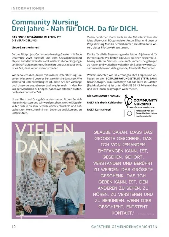 Community Nursing: Drei Jahre - Nah für DICH. Da für DICH. Drei Jahre des Community Nursing Projekts in Garsten. Das Projekt endet im Dezember 2024, und die Sozialfürsorge ist nicht mehr haltbar. Eine Nachricht von den Gärtnern.