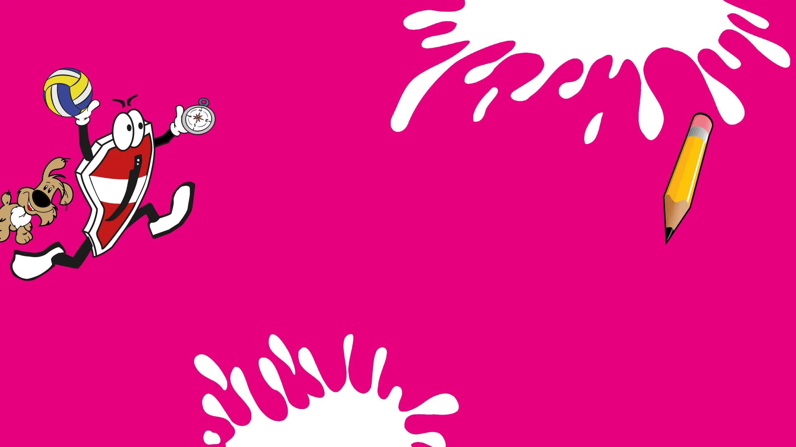 Ein rosa Hintergrund mit weißen abstrakten Formen, die einer Gischt ähneln, mit einem Kompass-Symbol in der oberen linken Ecke.