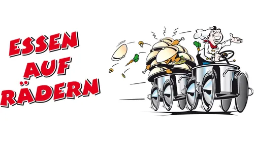 Eine witzige Illustration eines Essenswagens, gefüllt mit verschiedenen Gerichten und Gemüse, mit Text 'EN OF ERN' auf der linken Seite.