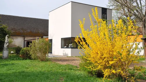 Ein modernes weißes Haus mit Glasfenstern und schwarzen Rahmen, umgeben von grünem Gras und gelben Blumen.