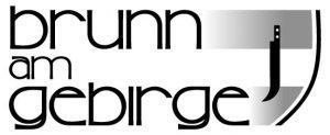 Das Bild zeigt ein Logo für 'Brunn am Gebirge'. Der Name ist in fetten, großgeschriebenen schwarzen Buchstaben dargestellt. Ein einzigartiges Symbol, das einem stilisierten Buchstaben 'J' ähnelt, ist in den Text integriert. Der Hintergrund ist silbern und grau und verleiht einen metallischen Eindruck.