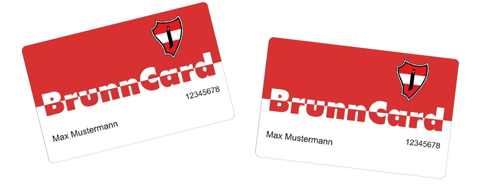 Zwei Karten sind abgebildet. Die erste hat ein Logo, das Wort 'Card' und die Nummer '12345678'. Die zweite hat das Wort 'Brunn' und den Namen 'Max Mustermann'.