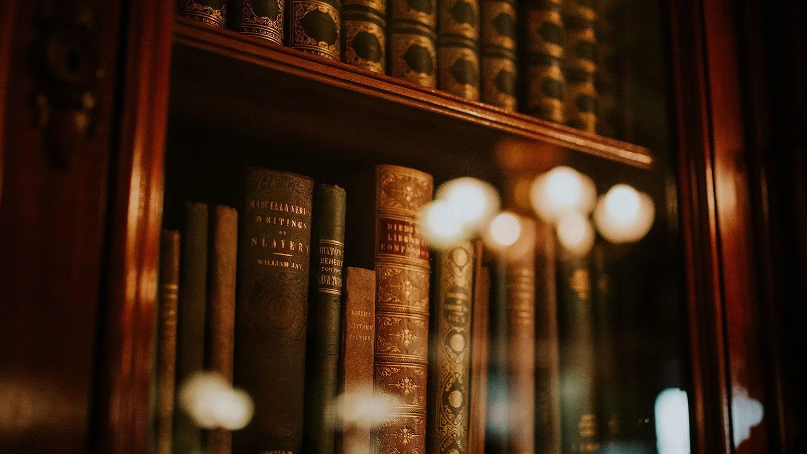 Ein Holzregal mit antiken Büchern gefüllt. Einige Titel sind sichtbar, darunter 'Miscellanea' und 'Sklaverei'. Weiche Beleuchtung hebt die Bücher hervor.