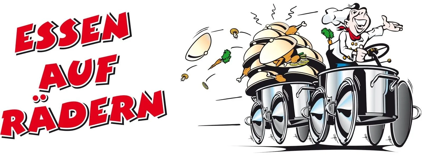 Eine humorvolle Cartoon zeigt einen Wagen voller gebratener Hühner, mit umherfliegenden Lebensmitteln. Das Wort 'UN' ist in Rot hervorgehoben.