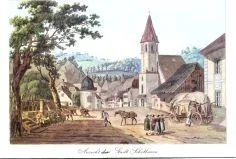 Ein altes Gemälde zeigt ein malerisches Dorf mit einer Kirche, Häusern und Menschen, die auf der Straße gehen, Pferden und Kutschen.