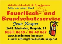 Gelbes Schild für Jean Kespers Feuer- und Brandschutzservice, gelegen in 2641 Schottwien, Hauptstr. 87. Kontaktnummern 0650/8849867 und E-Mail office@brandschutz-kesper.at. Webseite www.brandschutz-kesper.at.