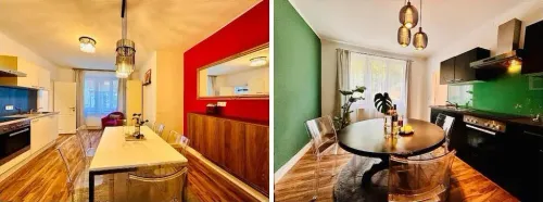Zwei Essbereiche. Einer mit roter Wand und einer Laterne. Der andere mit grüner Wand und rundem Tisch.