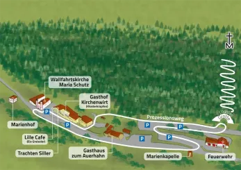 Eine Karte zeigt einen Prozessionsweg mit Wahrzeichen wie Maria Schutz Kirche, Gasthof Kirchenwirt, Cafe Greissler, Gasthaus zum Auerhahn und Marienkapelle. Der Weg ist von Bäumen gesäumt.