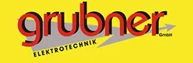 Ein gelbes Logo mit dem Text 'grubner' in rotem und schwarzem Schrift. Darunter steht der Text 'ELEKTROTECHNIK' in schwarzer Schrift. Das Logo ist auf einem gelben Hintergrund mit einem grauen Pfeil nach rechts.
