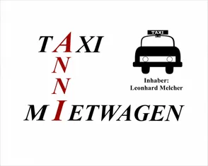 Taxi und Mietwagen Logo mit Inhaber Leonhard Melcher, mit einem Taxi, auf dem ein TAXI-Schild angebracht ist.