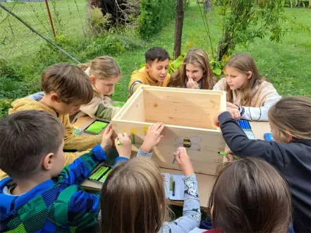 Eine Gruppe von Kindern sitzt um eine Holzkiste herum, auf der sie Bienen mit Markern zeichnen. Sie sitzen auf einer Bank im Garten.