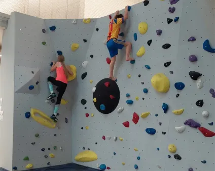 Zwei Personen klettern an einer Wand mit verschiedenen farbigen Griffen. Ein Kletterer trägt ein gelbes Shirt und blaue Shorts. Der andere trägt ein rosa Tanktop und schwarze Leggings.